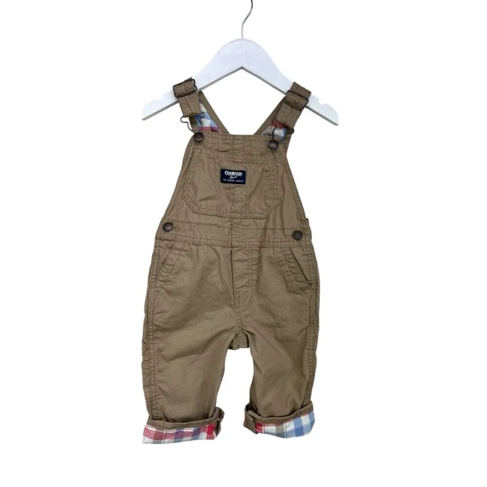 Oshkosh Khaki Plaid Lined Overalls Size 12 months